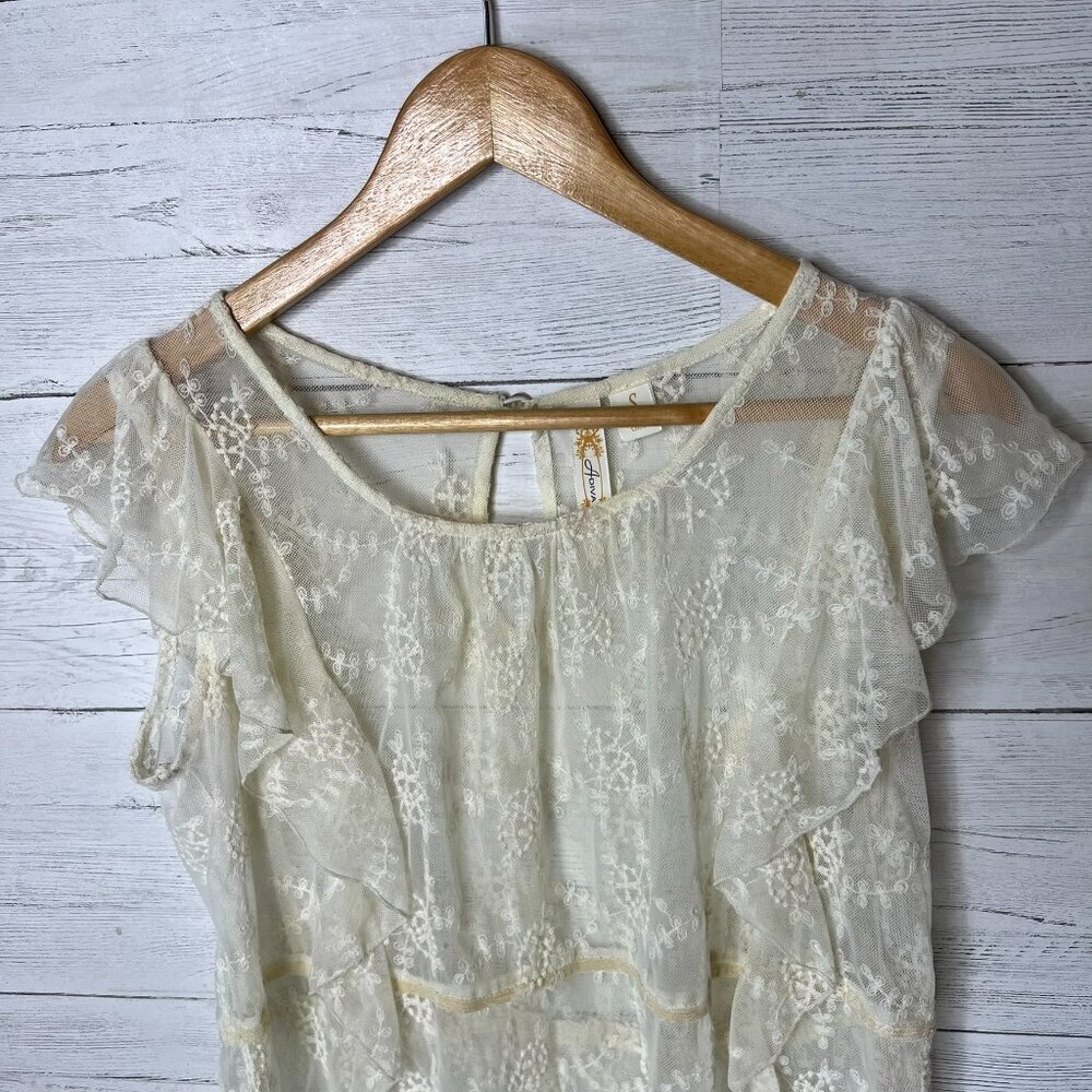 Adiva Top Womens Size Small Ivory Lace Floral Mesh Flutter Sleeves Peplum Ruffle - Picture 7 of 16